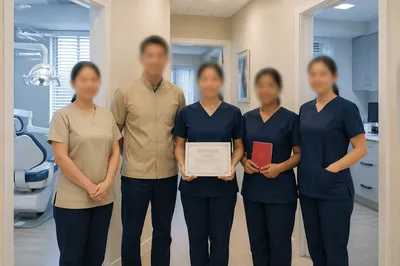 Dental Care Team in Modern Clinic Hallway