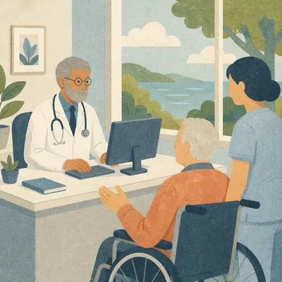 Doctor Consulting Elderly Patient in Clinic