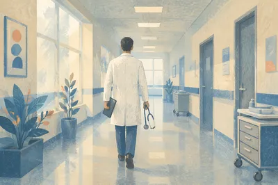 Doctor Walking Through Calm Hospital Corridor