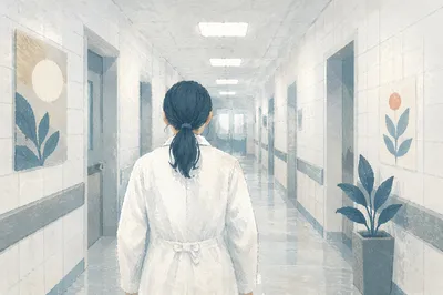 Doctor Walking Through Calm Hospital Corridor