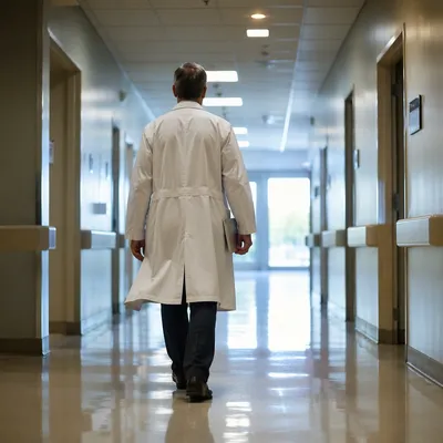 Doctor Walking Through Quiet Hospital Corridor