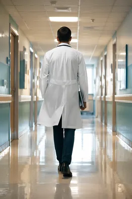 Doctor Walking Through Quiet Hospital Corridor