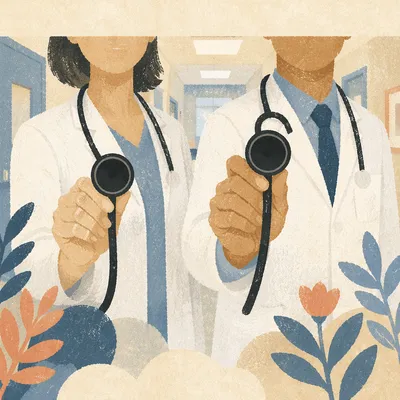 Doctors Holding Stethoscopes in Hospital Corridor