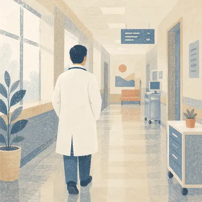 Doctor Walking Through Quiet Hospital Corridor