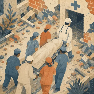 Emergency Hospital Team Carrying Patient Through Rubble