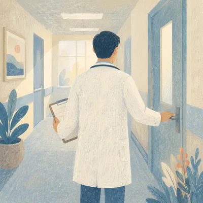 Doctor Ready at Quiet Hospital Door