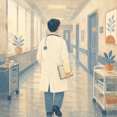 Doctor Walking Through Hopeful Hospital Corridor