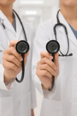 Doctors Holding Stethoscopes in Hospital Corridor