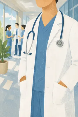 Doctor in White Coat Hospital Corridor