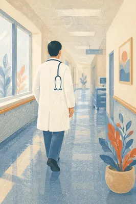 Doctor Walking Through Quiet Hospital Corridor