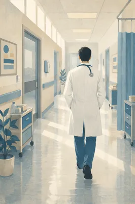Doctor Walking Through Calm Hospital Corridor