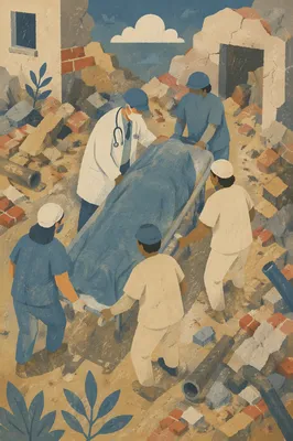 Emergency Doctor Guiding Stretcher Through Rubble