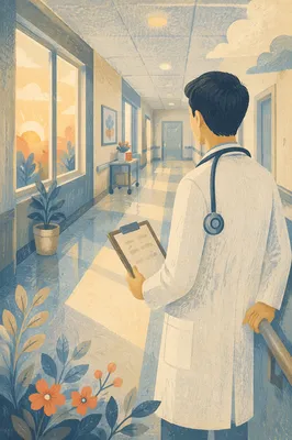 Compassionate Doctor in Morning Hospital Corridor