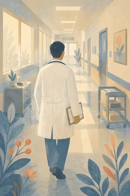 Doctor Walking Through Hopeful Hospital Corridor