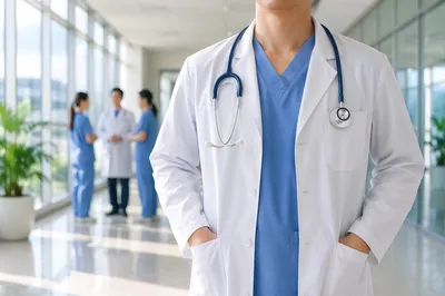 Doctor in White Coat Hospital Corridor