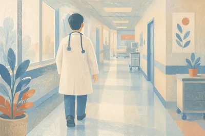 Doctor Walking Through Quiet Hospital Corridor