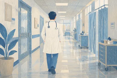 Doctor Walking Hospital Corridor in White Coat