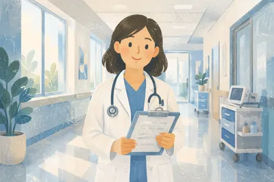 Doctor in White Coat Hospital Corridor
