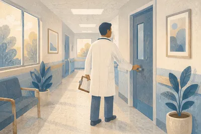 Compassionate Doctor Entering Quiet Hospital Room