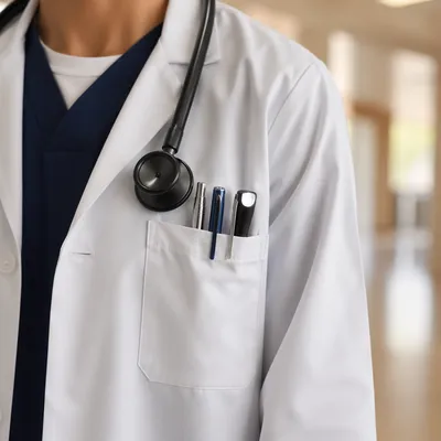 Doctor Stethoscope in Modern Hospital Corridor