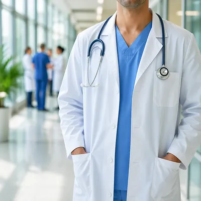 Doctor in White Coat Hospital Corridor