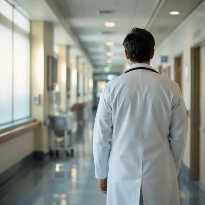 Doctor Walking Hospital Corridor in White Coat