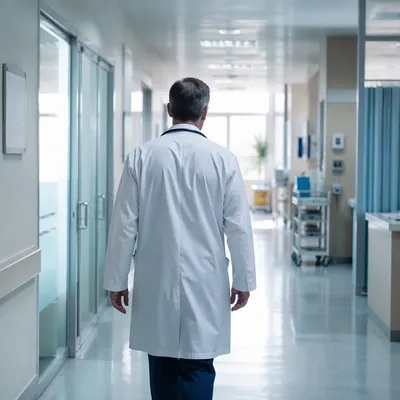 Doctor Walking Through Modern Hospital Corridor
