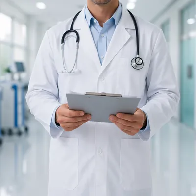 Doctor in White Coat Hospital Corridor