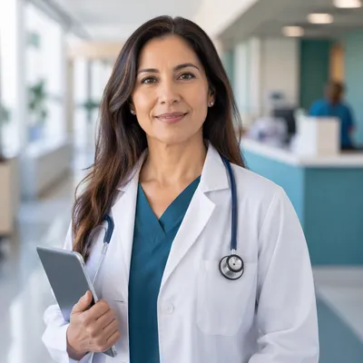 Confident Female Doctor in Modern Hospital Corridor