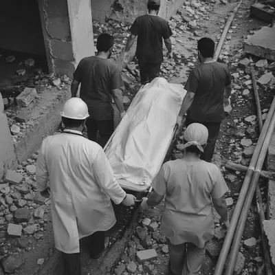 Emergency Team Carrying Patient Through Hospital Rubble