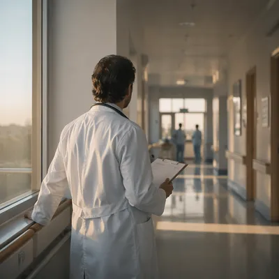 Compassionate Doctor in Quiet Hospital Corridor