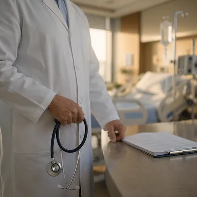 Hopeful Doctor With Stethoscope in Hospital Room