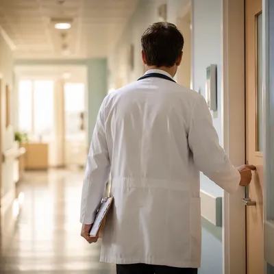Compassionate Doctor in Quiet Hospital Corridor