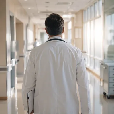 Doctor Walking Through Hopeful Hospital Corridor