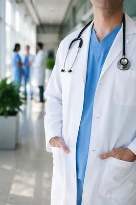 Doctor in White Coat Hospital Corridor