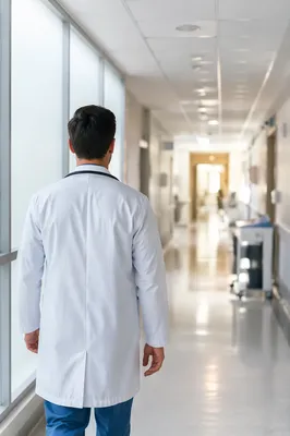 Doctor Walking Hospital Corridor From Behind