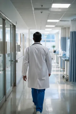 Doctor Walking Through Modern Hospital Corridor