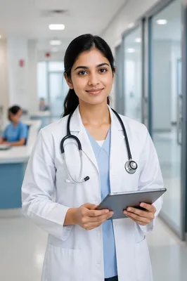Young Female Doctor in Hospital Corridor