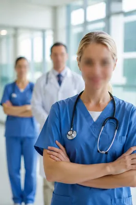 Calm Medical Team in Modern Hospital Corridor