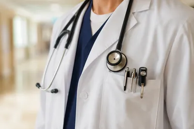 Doctor Stethoscope in Modern Hospital Corridor