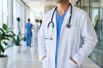 Doctor in White Coat Hospital Corridor