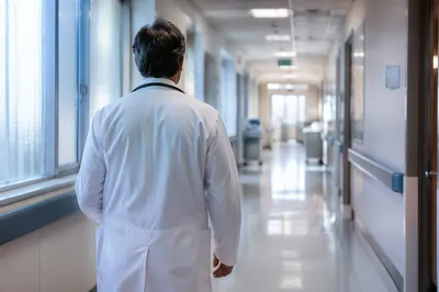 Doctor Walking Through Modern Hospital Corridor