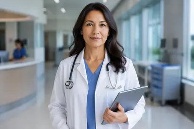 Female Doctor in Modern Hospital Corridor