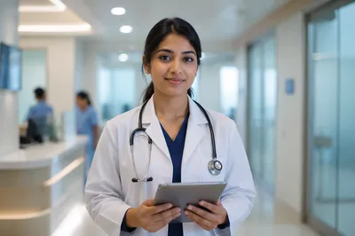 Young Female Doctor in Hospital Corridor