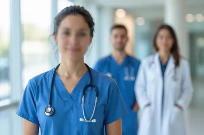 Calm Hospital Medical Team in Corridor