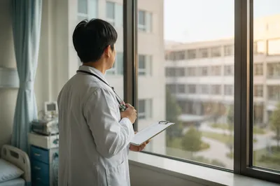 Compassionate Doctor at Hospital Window