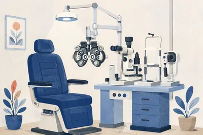 Empty Optometrist Exam Room With Blue Chair
