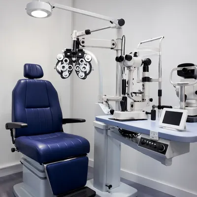 Modern Optometrist Exam Room With Blue Chair