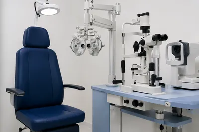 Modern Optometrist Exam Room With Blue Chair