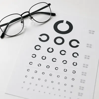 Optometry Vision Chart with Eyeglasses Flat Lay